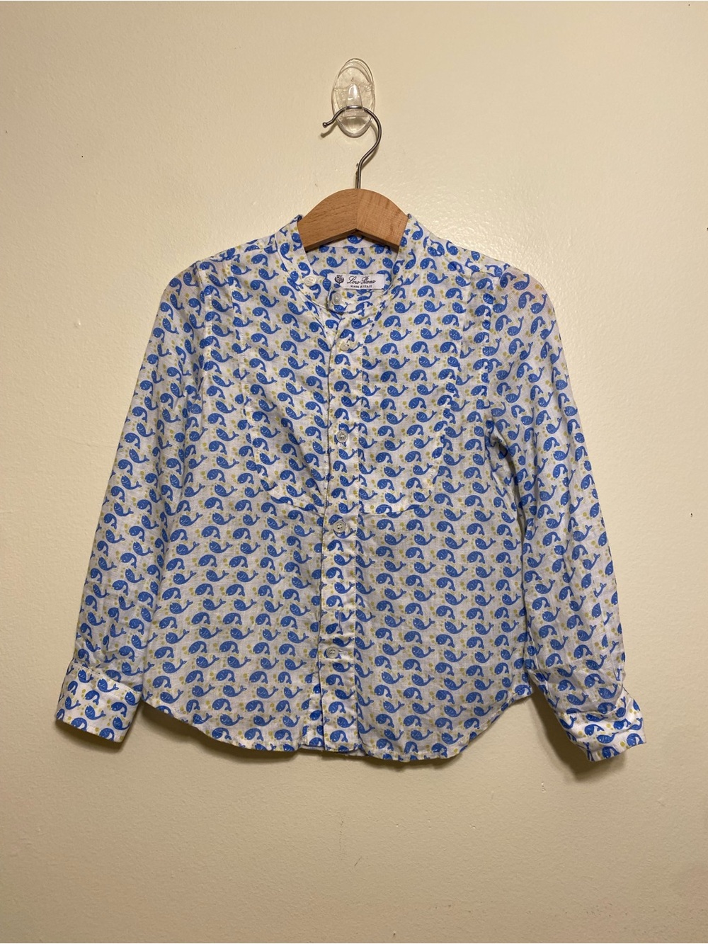 Loro Piana Linen White Button-Down Shirt with Blue Paisley Motif. Size 4